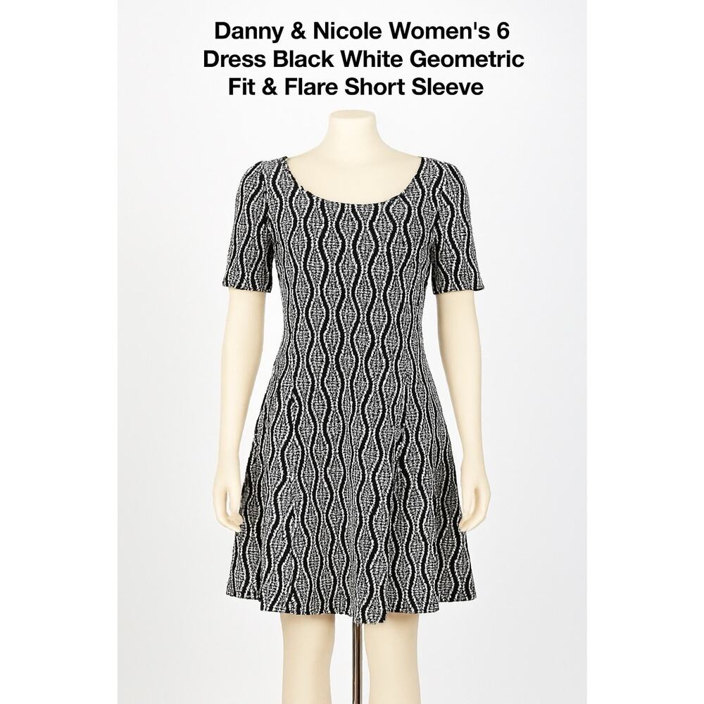 Danny & Nicole Women’s 6 Dress Black White Geometric Fit & Flare Short Sleeve